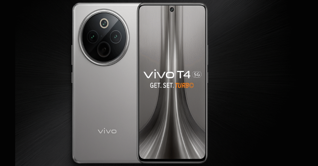 Vivo T4 5G front and back view placed against a sleek, futuristic tech-inspired background