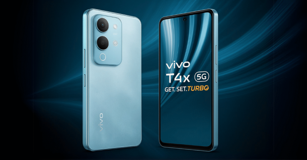 Vivo T4x 5G smartphone with curved corners and rear camera design, including flash and fingerprint ring, showcased on a tech-inspired background