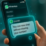 A hand holds a dark smartphone showing a WhatsApp screen where a user named @ami83 receives a glowing message: “You can now chat without sharing your number.” The interface is sharp, minimal, and accented with neon teal highlights and a smooth blurred backdrop.