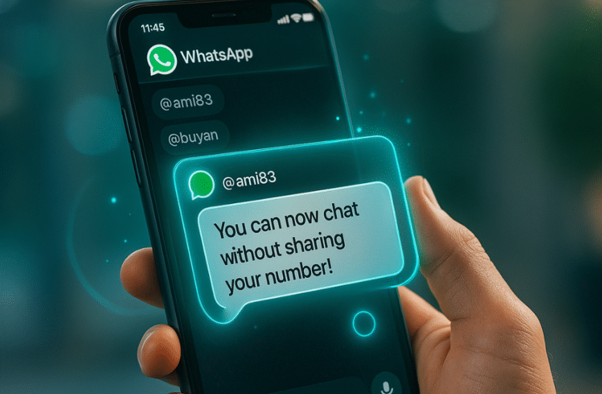 A hand holds a dark smartphone showing a WhatsApp screen where a user named @ami83 receives a glowing message: “You can now chat without sharing your number.” The interface is sharp, minimal, and accented with neon teal highlights and a smooth blurred backdrop.