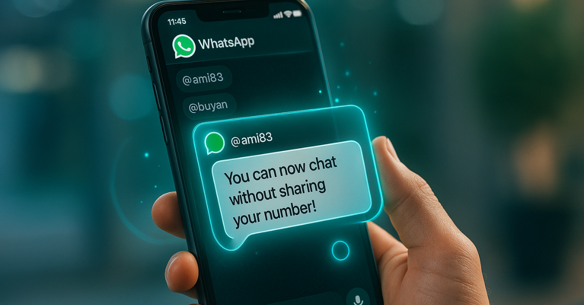A hand holds a dark smartphone showing a WhatsApp screen where a user named @ami83 receives a glowing message: “You can now chat without sharing your number.” The interface is sharp, minimal, and accented with neon teal highlights and a smooth blurred backdrop.