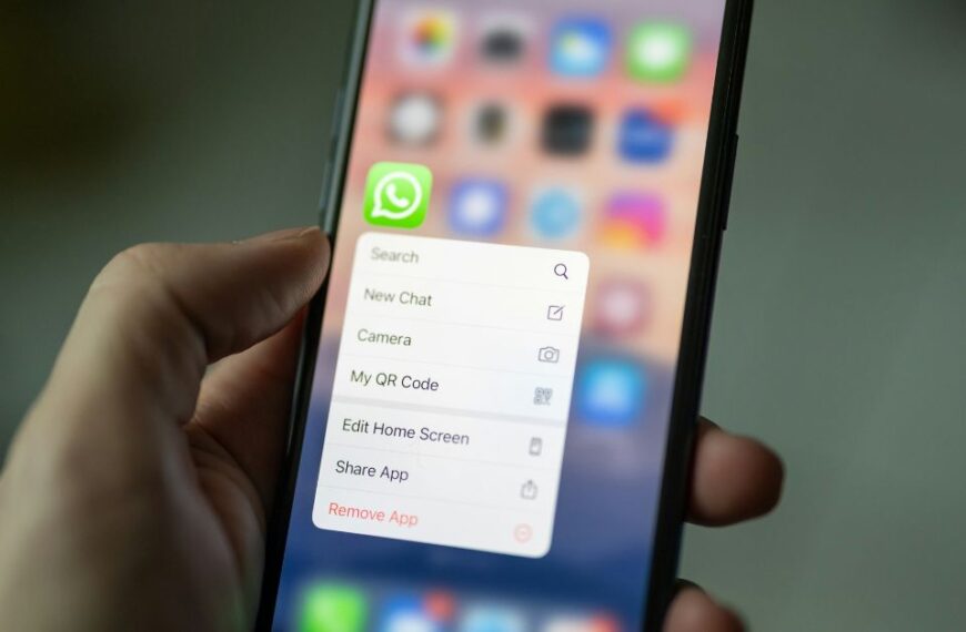 Person holding an iPhone with WhatsApp icon selected, showing app options including remove and share