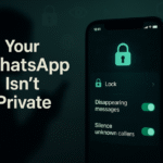 Smartphone showing WhatsApp privacy settings with chat lock, disappearing messages, and a shadowed figure in the background