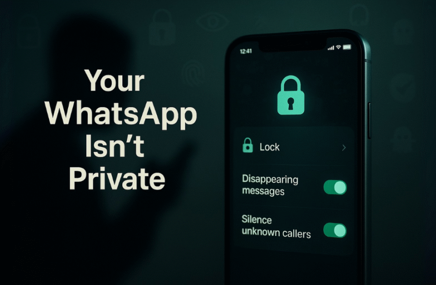 Smartphone showing WhatsApp privacy settings with chat lock, disappearing messages, and a shadowed figure in the background