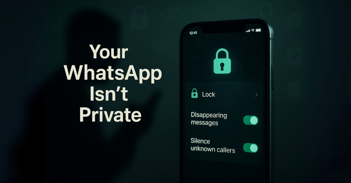 Smartphone showing WhatsApp privacy settings with chat lock, disappearing messages, and a shadowed figure in the background
