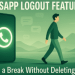 Modern digital illustration of a person walking away from a glowing WhatsApp logo on a smartphone toward a peaceful nature scene, with fading chat bubbles and the text 'WhatsApp Logout Feature? Take a Break Without Deleting'.