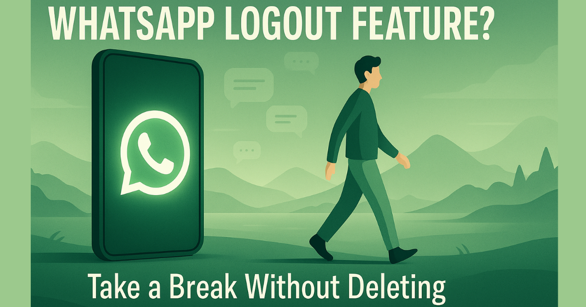Modern digital illustration of a person walking away from a glowing WhatsApp logo on a smartphone toward a peaceful nature scene, with fading chat bubbles and the text 'WhatsApp Logout Feature? Take a Break Without Deleting'.