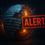 A glowing globe made of leaked email IDs and passwords bursts into sparks, with a bold red "ALERT" stamped across the frame, symbolizing a massive cybersecurity data breach.