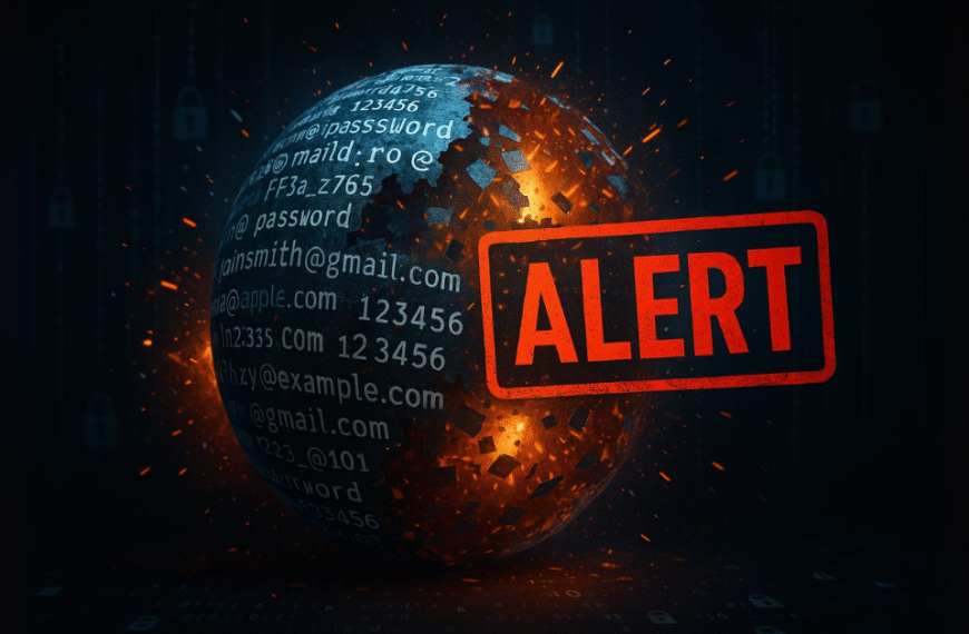 A glowing globe made of leaked email IDs and passwords bursts into sparks, with a bold red "ALERT" stamped across the frame, symbolizing a massive cybersecurity data breach.
