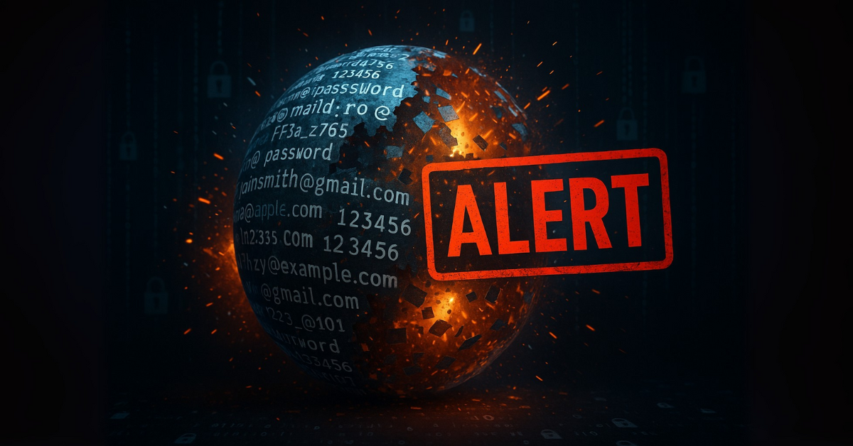A glowing globe made of leaked email IDs and passwords bursts into sparks, with a bold red "ALERT" stamped across the frame, symbolizing a massive cybersecurity data breach.