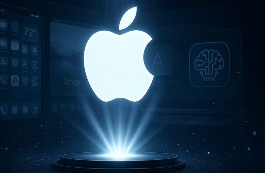 AI-rendered WWDC 2025 illustration featuring iOS 26 and macOS redesign.