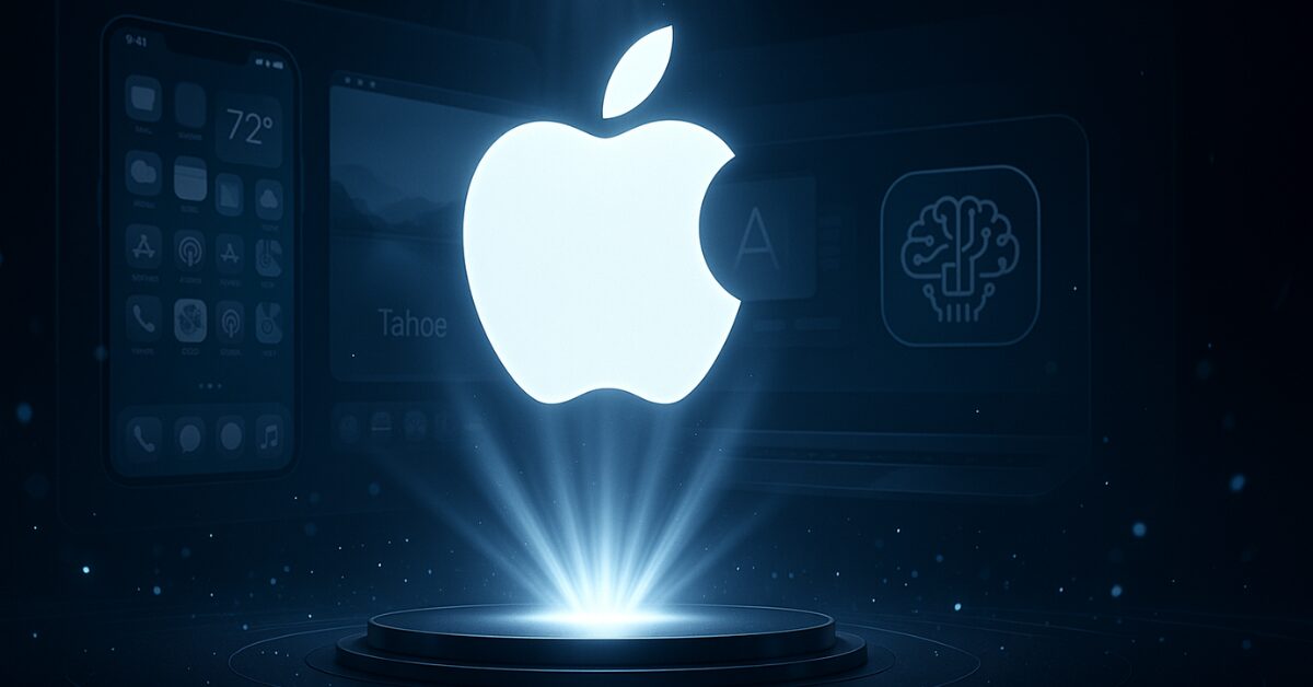 AI-rendered WWDC 2025 illustration featuring iOS 26 and macOS redesign.