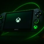 AI-generated image of Xbox handheld gaming console with neon green glow and futuristic design