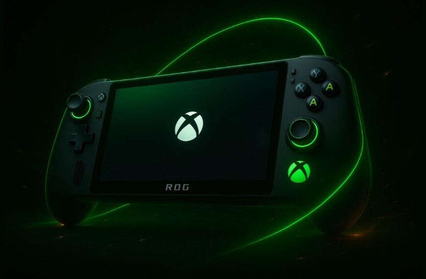 AI-generated image of Xbox handheld gaming console with neon green glow and futuristic design