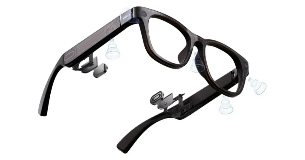 Exploded internal view of Xiaomi AI Glasses showing speaker placement, camera, and internal components