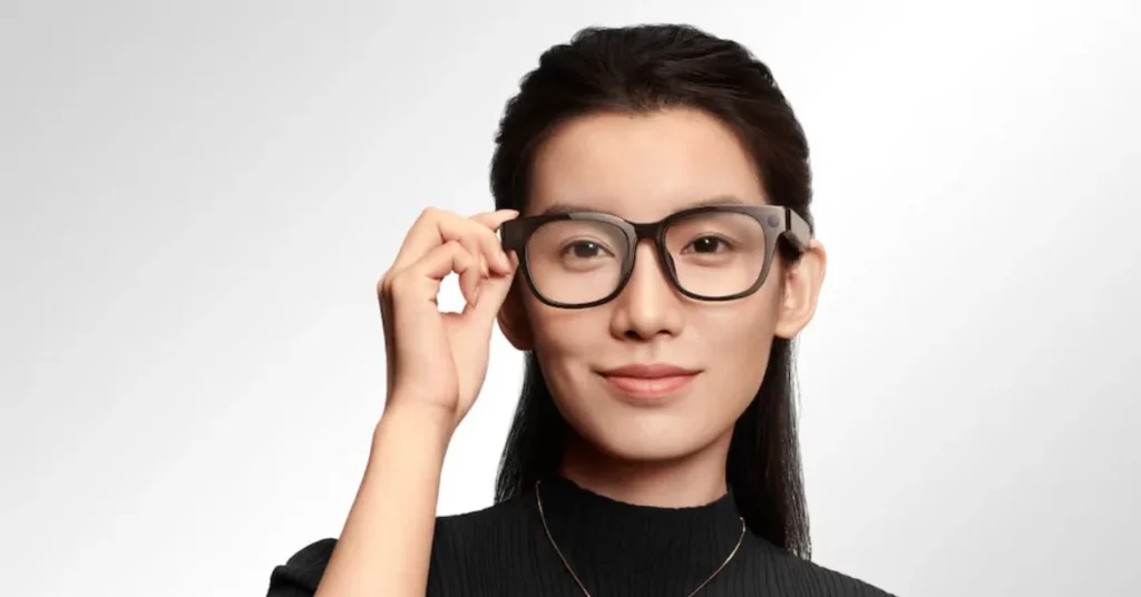 Xiaomi AI Glasses promotional image showing user interacting with frame via touch controls