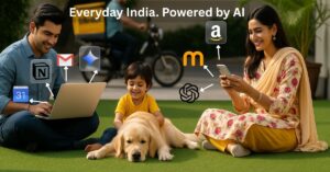 Indian family using AI tools like Gmail, Gemini, Notion, and Meesho in everyday life while relaxing in a garden