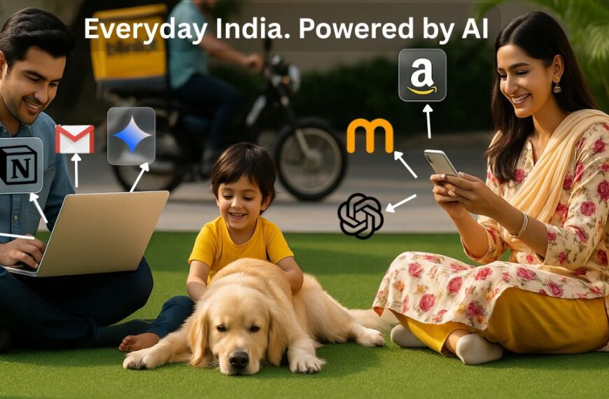 Indian family using AI tools like Gmail, Gemini, Notion, and Meesho in everyday life while relaxing in a garden