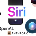 Siri voice assistant surrounded by Apple devices with OpenAI and Anthropic logos, symbolizing AI upgrade