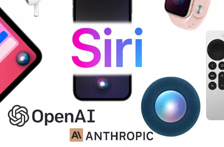 Siri voice assistant surrounded by Apple devices with OpenAI and Anthropic logos, symbolizing AI upgrade