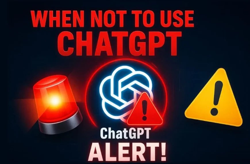 Bold warning graphic with ChatGPT logo, alert symbols, and headline: When Not to Use ChatGPT