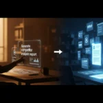 Digital split-screen showing a human triggering a task and AI autonomously generating reports and charts — symbolizing the workflow of agentic AI in 2025