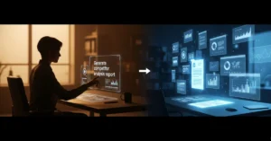 Digital split-screen showing a human triggering a task and AI autonomously generating reports and charts — symbolizing the workflow of agentic AI in 2025