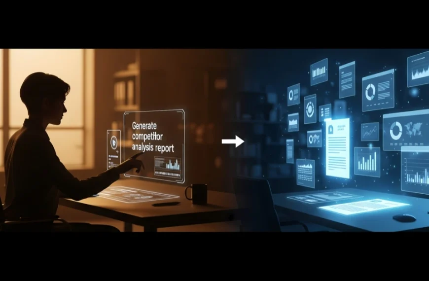 Digital split-screen showing a human triggering a task and AI autonomously generating reports and charts — symbolizing the workflow of agentic AI in 2025
