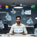 A confident modern professional sits at a desk, orchestrating his invisible team of 14 holographic AI coworkers who are handling tasks like writing and data analysis. Floating icons of tools like ChatGPT, Jasper, and Notion are visible in the futuristic office scene.