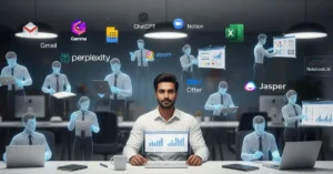 A confident modern professional sits at a desk, orchestrating his invisible team of 14 holographic AI coworkers who are handling tasks like writing and data analysis. Floating icons of tools like ChatGPT, Jasper, and Notion are visible in the futuristic office scene.