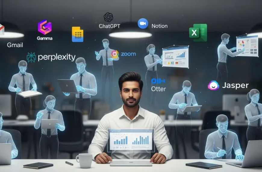 A confident modern professional sits at a desk, orchestrating his invisible team of 14 holographic AI coworkers who are handling tasks like writing and data analysis. Floating icons of tools like ChatGPT, Jasper, and Notion are visible in the futuristic office scene.