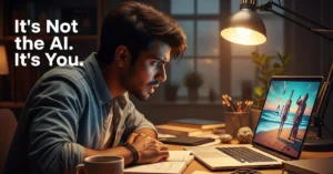 A young Indian man sits at his desk with a frustrated expression, looking at a laptop. The screen shows a weird, distorted AI-generated beach scene. On the top left, bold text says, ‘It’s Not the AI. It’s You.’