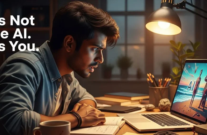 A young Indian man sits at his desk with a frustrated expression, looking at a laptop. The screen shows a weird, distorted AI-generated beach scene. On the top left, bold text says, ‘It’s Not the AI. It’s You.’
