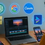 Content creator in India using AI tools like ChatGPT, InVideo, Canva, and CapCut at a modern desk in 2025