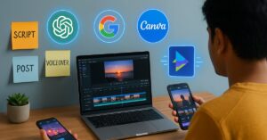 Content creator in India using AI tools like ChatGPT, InVideo, Canva, and CapCut at a modern desk in 2025