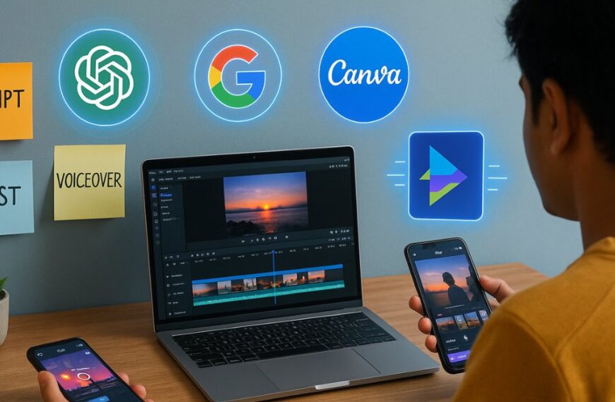 Content creator in India using AI tools like ChatGPT, InVideo, Canva, and CapCut at a modern desk in 2025