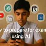 Indian student in school uniform using smartphone with floating AI icons like ChatGPT, Notion, and YouTube above their head