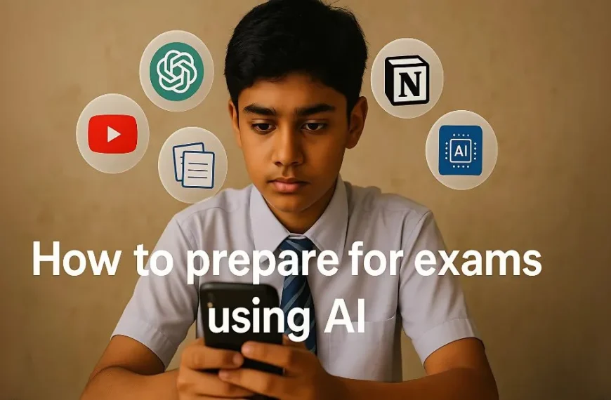 Indian student in school uniform using smartphone with floating AI icons like ChatGPT, Notion, and YouTube above their head