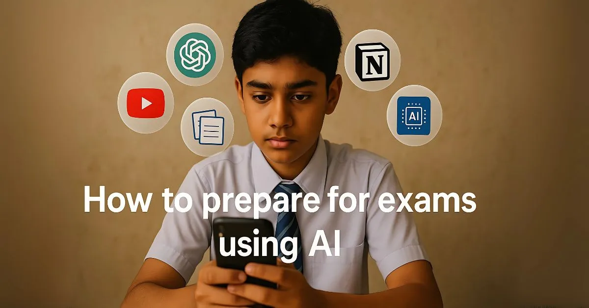Indian student in school uniform using smartphone with floating AI icons like ChatGPT, Notion, and YouTube above their head