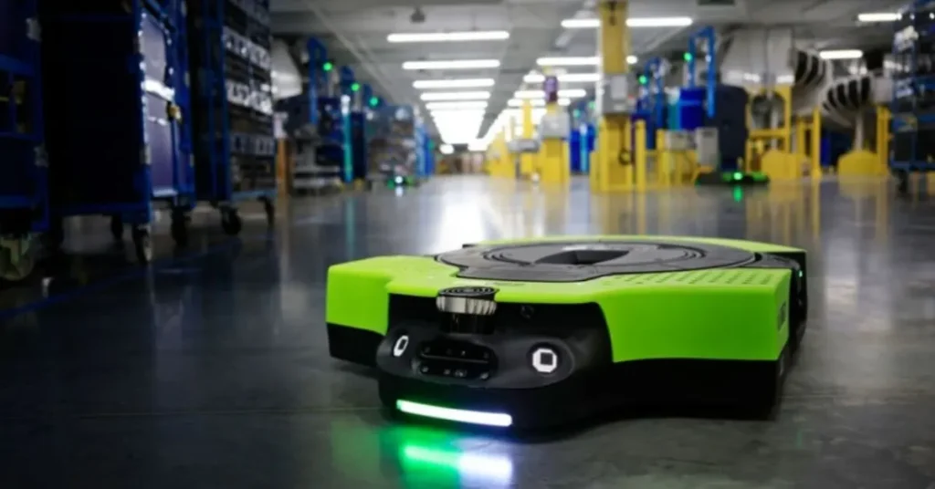 Amazon's Proteus robot navigating autonomously inside a fulfillment center