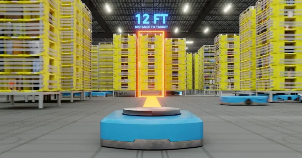 Amazon warehouse robot navigating shelves with DeepFleet’s 12-foot target display