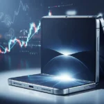 Foldable smartphone inspired by Apple design with financial stock charts in background