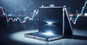 Foldable smartphone inspired by Apple design with financial stock charts in background