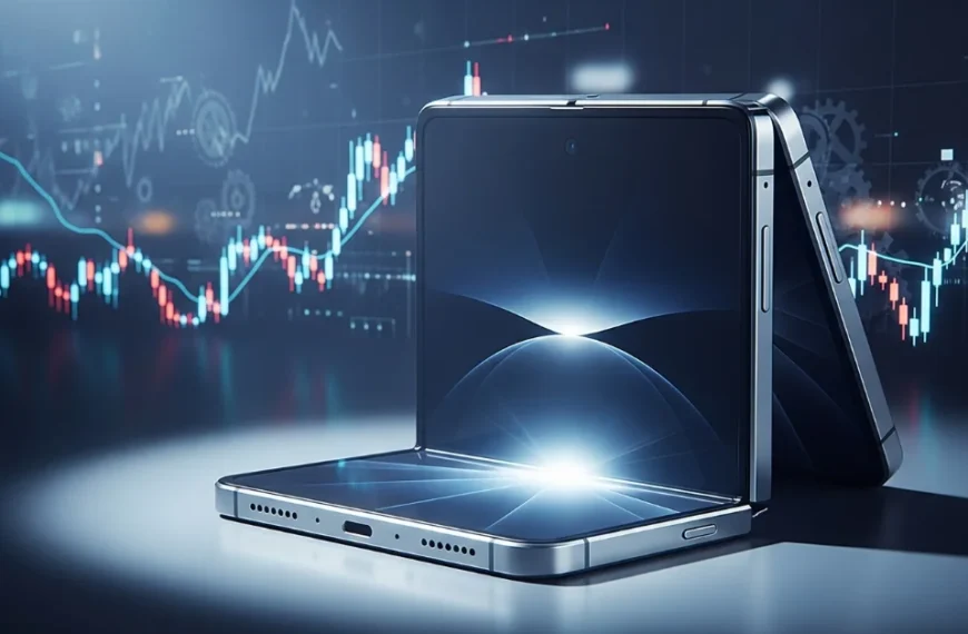 Foldable smartphone inspired by Apple design with financial stock charts in background