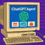Illustration of a retro beige desktop computer displaying the ChatGPT Agent interface with calendar, chart, and shopping icons on a blue screen, set against a clean purple background.