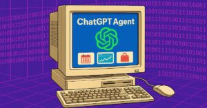 Illustration of a retro beige desktop computer displaying the ChatGPT Agent interface with calendar, chart, and shopping icons on a blue screen, set against a clean purple background.