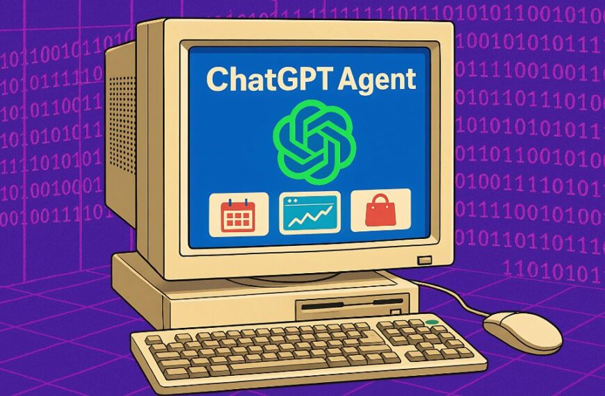 Illustration of a retro beige desktop computer displaying the ChatGPT Agent interface with calendar, chart, and shopping icons on a blue screen, set against a clean purple background.