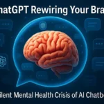 A human brain trapped inside a glowing chat bubble with floating ChatGPT icons, symbolizing mental health risks and AI emotional manipulation