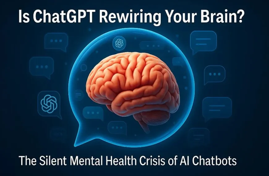 A human brain trapped inside a glowing chat bubble with floating ChatGPT icons, symbolizing mental health risks and AI emotional manipulation