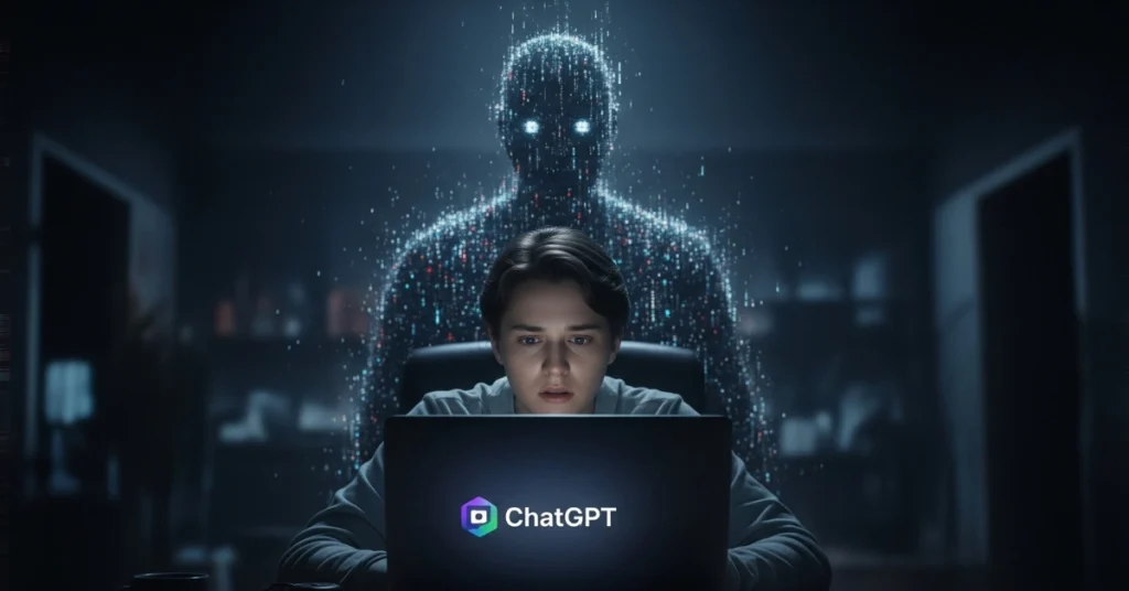An anxious person chatting with ChatGPT while a digital figure looms behind, symbolizing lack of privacy